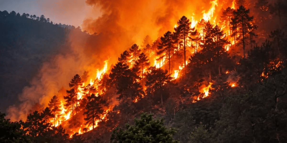 Flames engulf a hillside forest, with trees ablaze and smoke rising into the sky