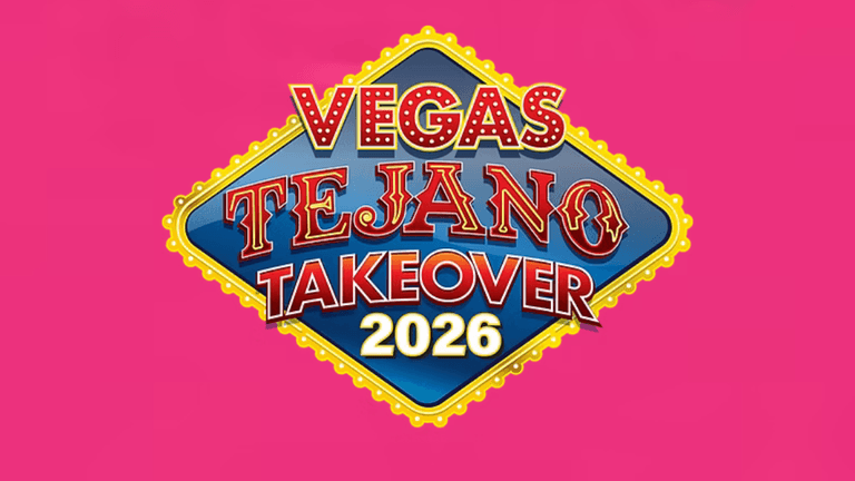 Vegas Tejano Takeover 2026 event logo on a bright pink background.