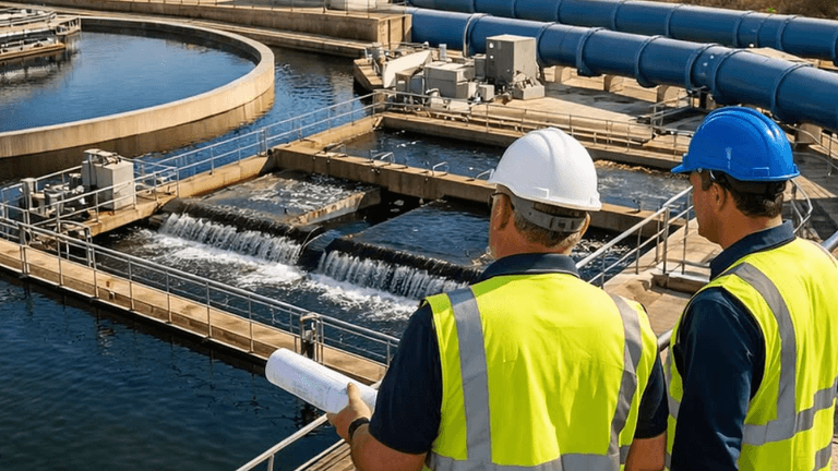 Two workers in hard hats and safety vests inspect water treatment infrastructure while reviewing plans.