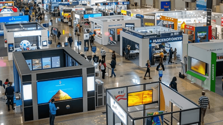 Aerial view of an exhibition hall filled with booths and attendees walking around
