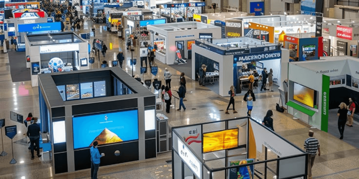 Aerial view of an exhibition hall filled with booths and attendees walking around