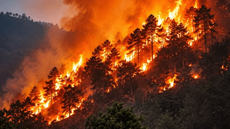 Flames engulf a hillside forest, with trees ablaze and smoke rising into the sky