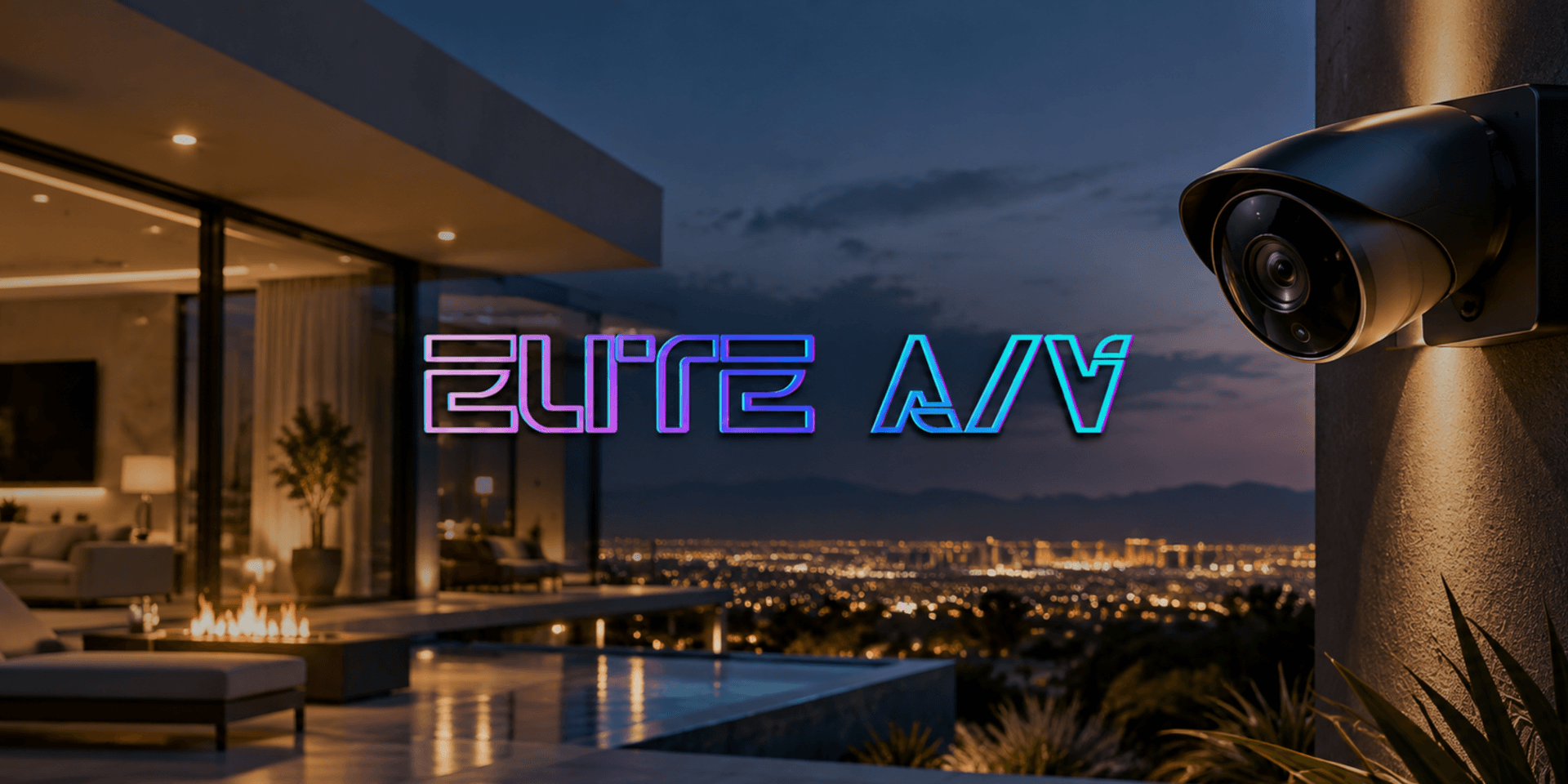 Modern outdoor scene with a city view and a security camera on the wall