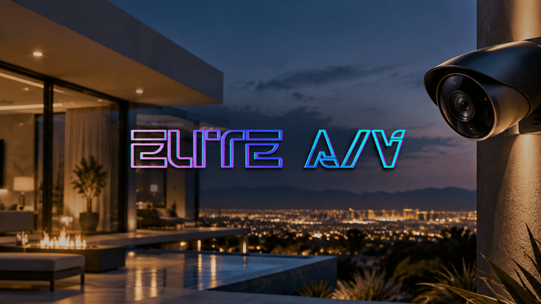 Modern outdoor scene with a city view and a security camera on the wall