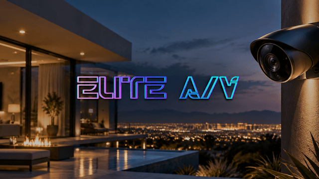 Modern outdoor scene with a city view and a security camera on the wall