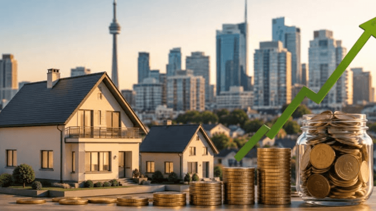 Model houses and stacks of coins with a rising graph against a city skyline