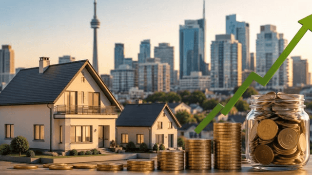Model houses and stacks of coins with a rising graph against a city skyline