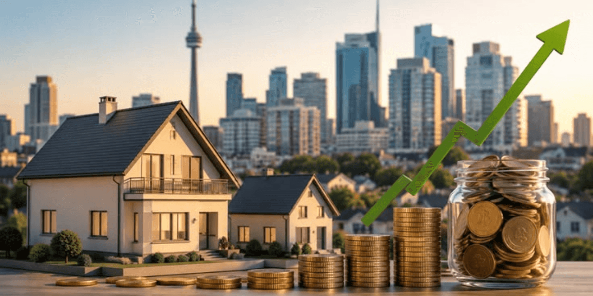 Model houses and stacks of coins with a rising graph against a city skyline