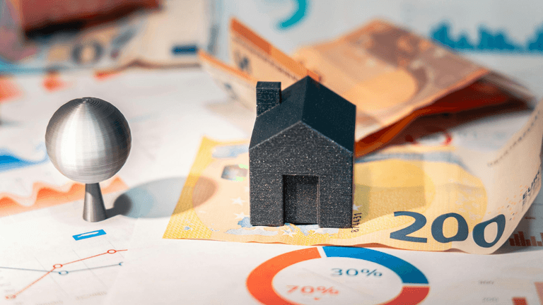 A model house and sphere on euro banknotes and financial charts.