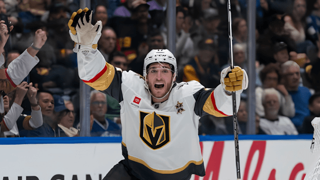 An excited hockey player celebrates a goal during a game in a crowded arena