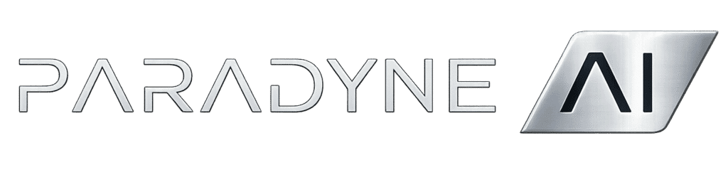 Paradyne AI logo with metallic AI emblem on a black background.