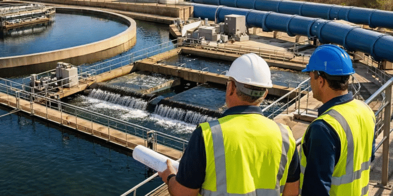 Nevada Continues Investing in Water Conservation as Southern Nevada Plans for Long-Term Growth Two workers in hard hats and safety vests inspect water treatment infrastructure while reviewing plans.